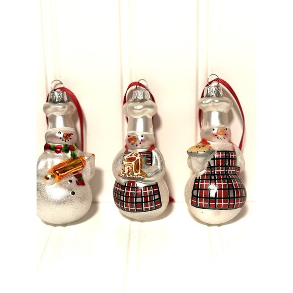 Set of 3 Williams Sonoma Snowman Snowmaids Chef Glass Holiday Ornaments 2009 - Picture 3 of 7